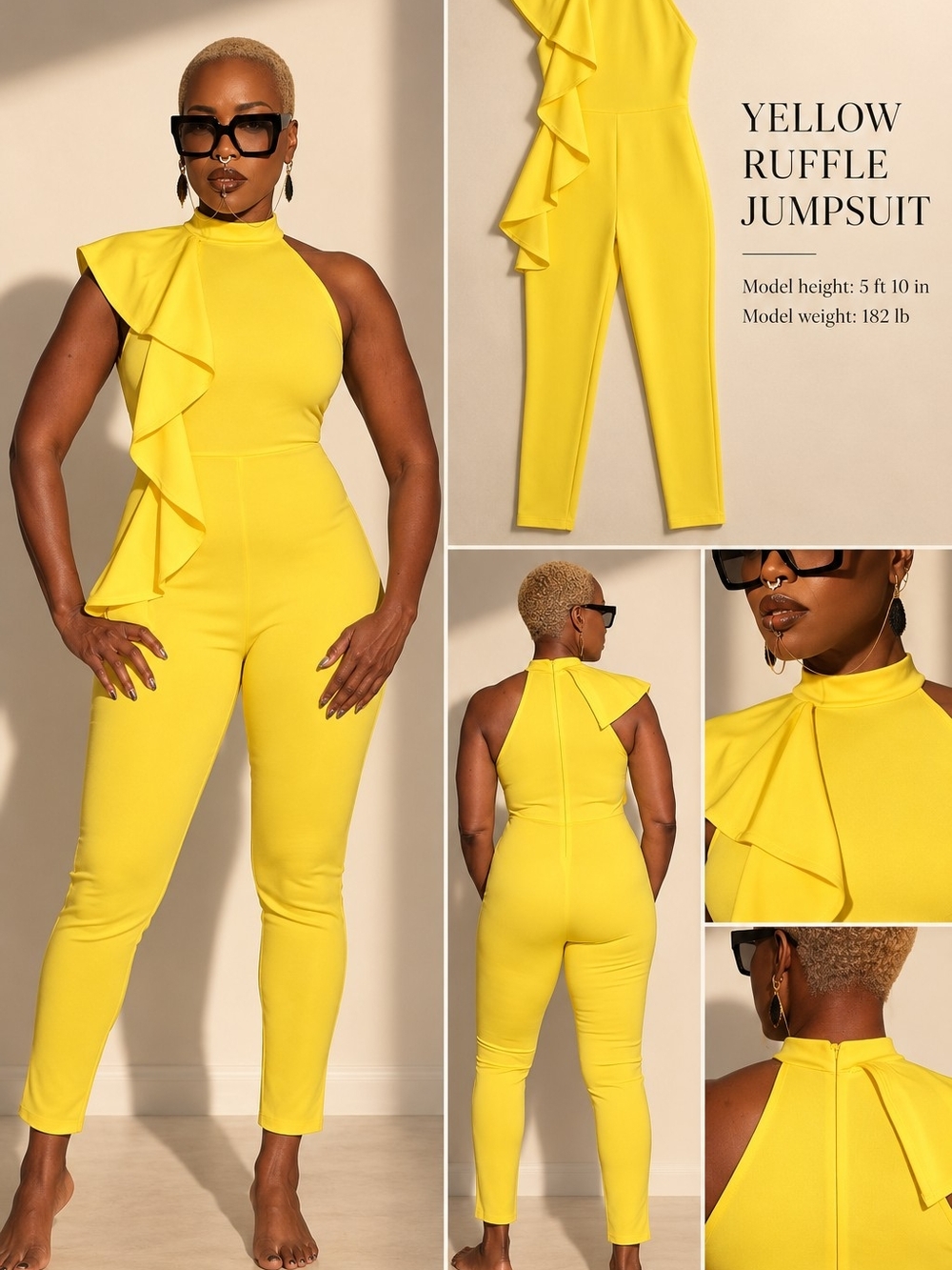 Yellow Halter Neck Ruffle Jumpsuit with Slim Ankle-Length Legs